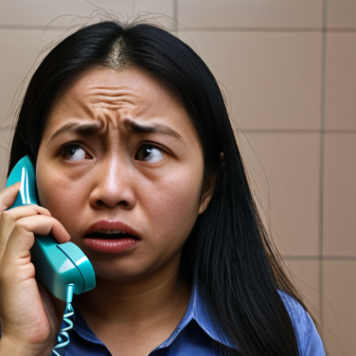 Home 11 **
A worried Malaysian woman answering a phone call with a fake bank logo displayed on the caller ID. The background subtly shows news headlines about scam cases in Malaysia. Emphasize the stress and anxiety on her face.
**