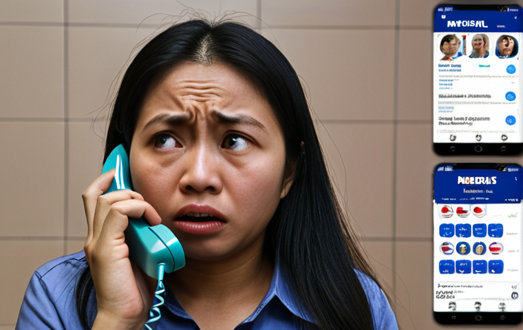 **
A worried Malaysian woman answering a phone call with a fake bank logo displayed on the caller ID. The background subtly shows news headlines about scam cases in Malaysia. Emphasize the stress and anxiety on her face.
**