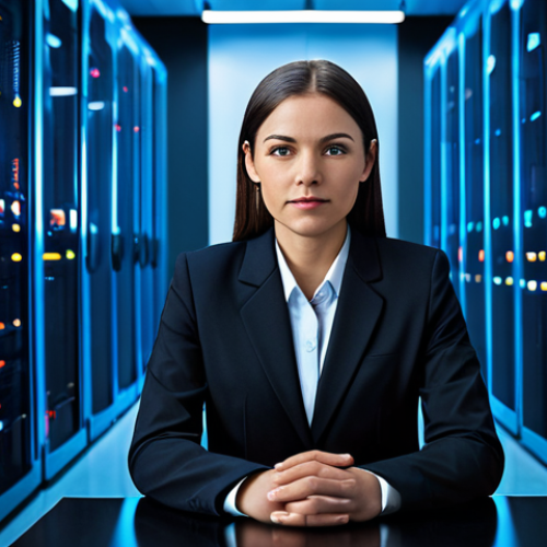 Home 6 A focused female professional in a modest, dark business suit, sitting at a desk in a sleek, modern, well-lit data center environment. The background features glowing server racks and abstract digital security elements, such as glowing blue protective shields and secure data streams, subtly contrasting with faint, stylized red lines representing potential external threats being blocked. Professional photography, full shot, clear focus on the subject, perfect anatomy, correct proportions, natural pose, well-formed hands, proper finger count, natural body proportions, safe for work, appropriate content, fully clothed, professional dress, modest clothing, family-friendly.