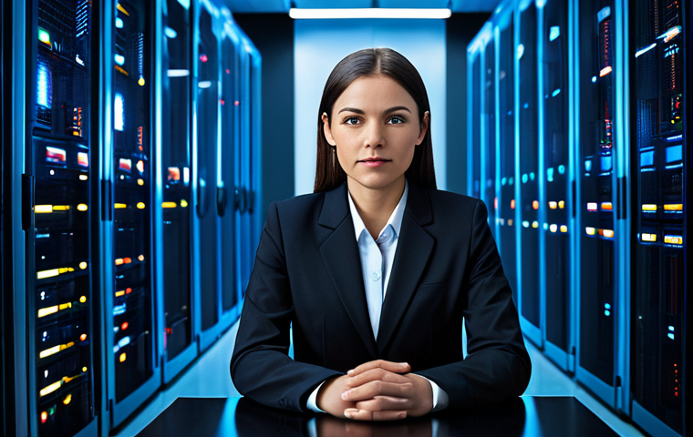 A focused female professional in a modest, dark business suit, sitting at a desk in a sleek, modern, well-lit data center environment. The background features glowing server racks and abstract digital security elements, such as glowing blue protective shields and secure data streams, subtly contrasting with faint, stylized red lines representing potential external threats being blocked. Professional photography, full shot, clear focus on the subject, perfect anatomy, correct proportions, natural pose, well-formed hands, proper finger count, natural body proportions, safe for work, appropriate content, fully clothed, professional dress, modest clothing, family-friendly.